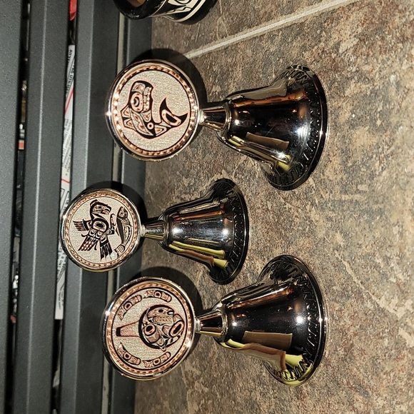 Set of 3 Silver Coloured and Copper Bells with BC First Nations Artwork - Picture 1 of 14